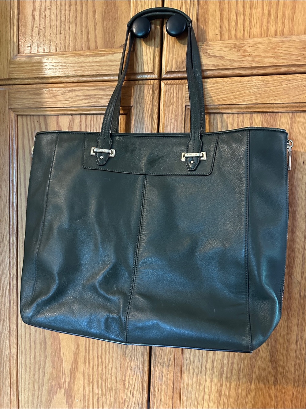 Coach Dark Green Leather Tote with Front Pocket and Silver Hardware - Picture 2 of 13